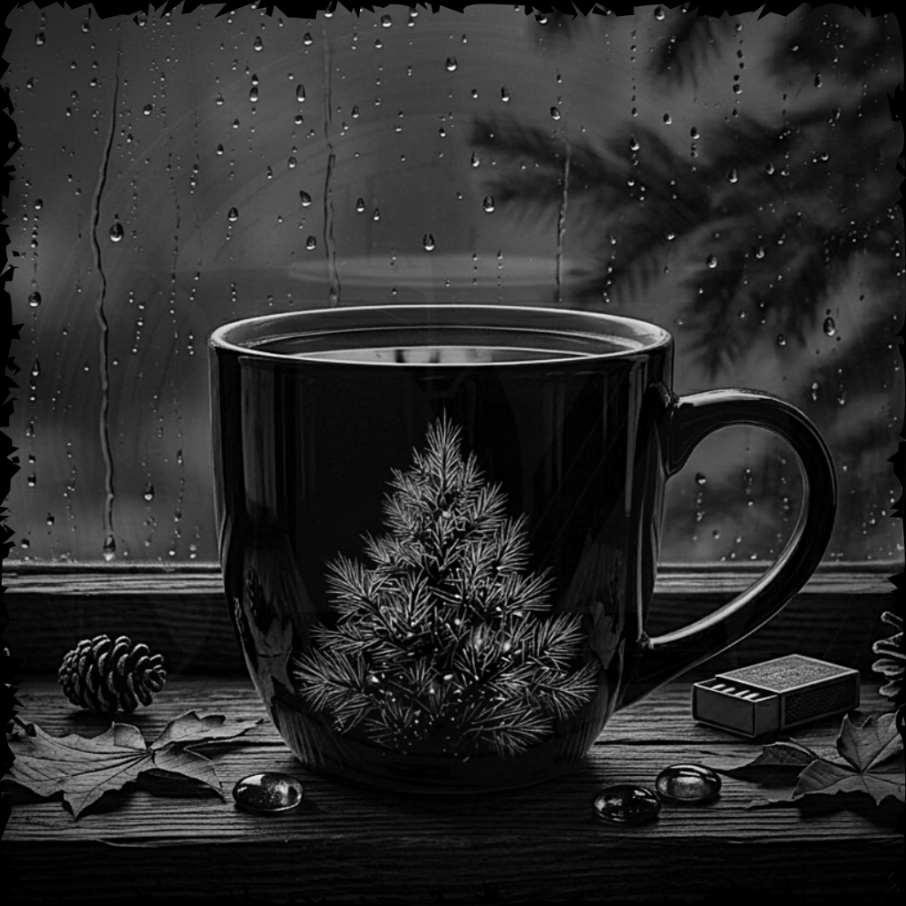 Black mug with a pine tree design on a windowsill with raindrops outside