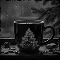 Black mug with a pine tree design on a windowsill with raindrops outside