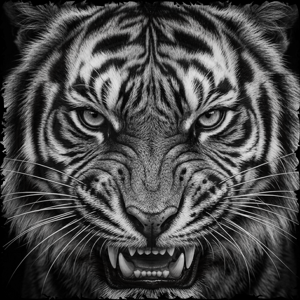 Close-up of a tiger's face with detailed stripes and white fur.