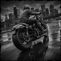 Motorcyclist riding on a wet city street with skyscrapers in the background