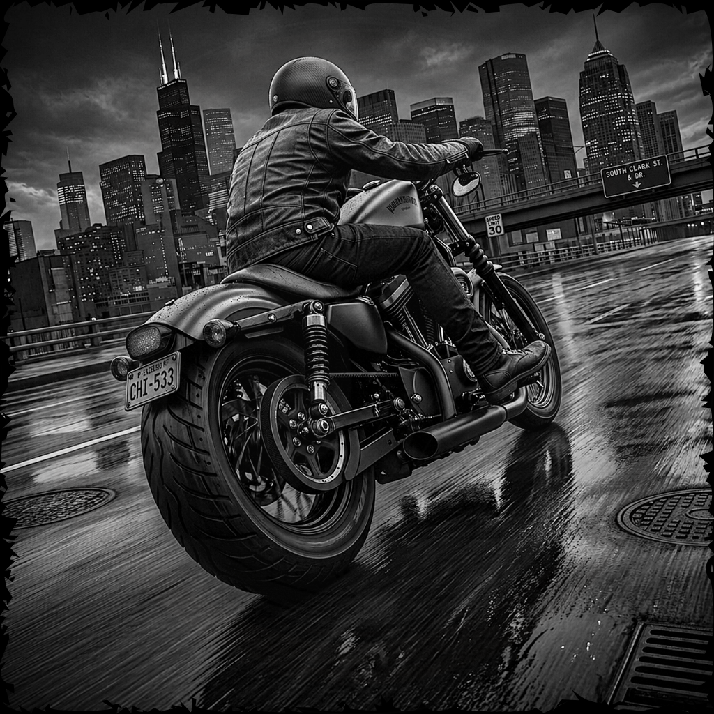 Motorcyclist riding on a wet city street with skyscrapers in the background