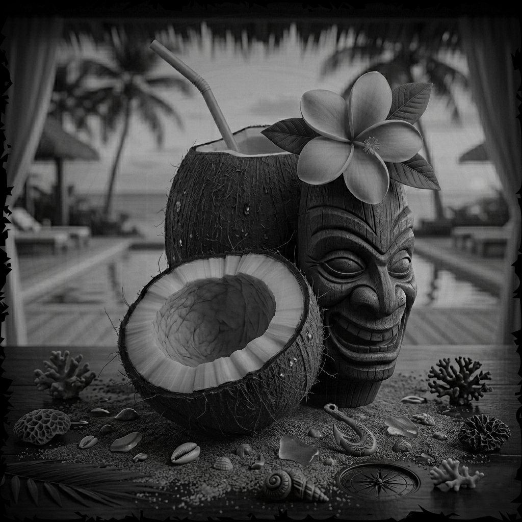 Tiki mug made from a coconut with a flower on a beach setting
