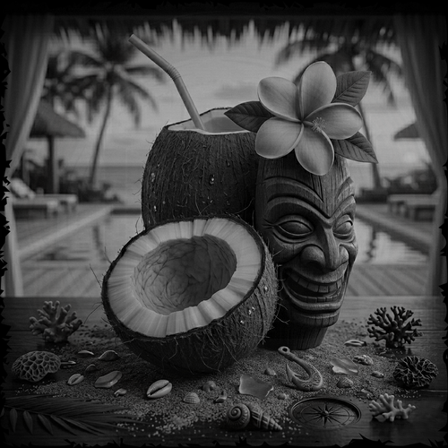 Tiki mug made from a coconut with a flower on a beach setting