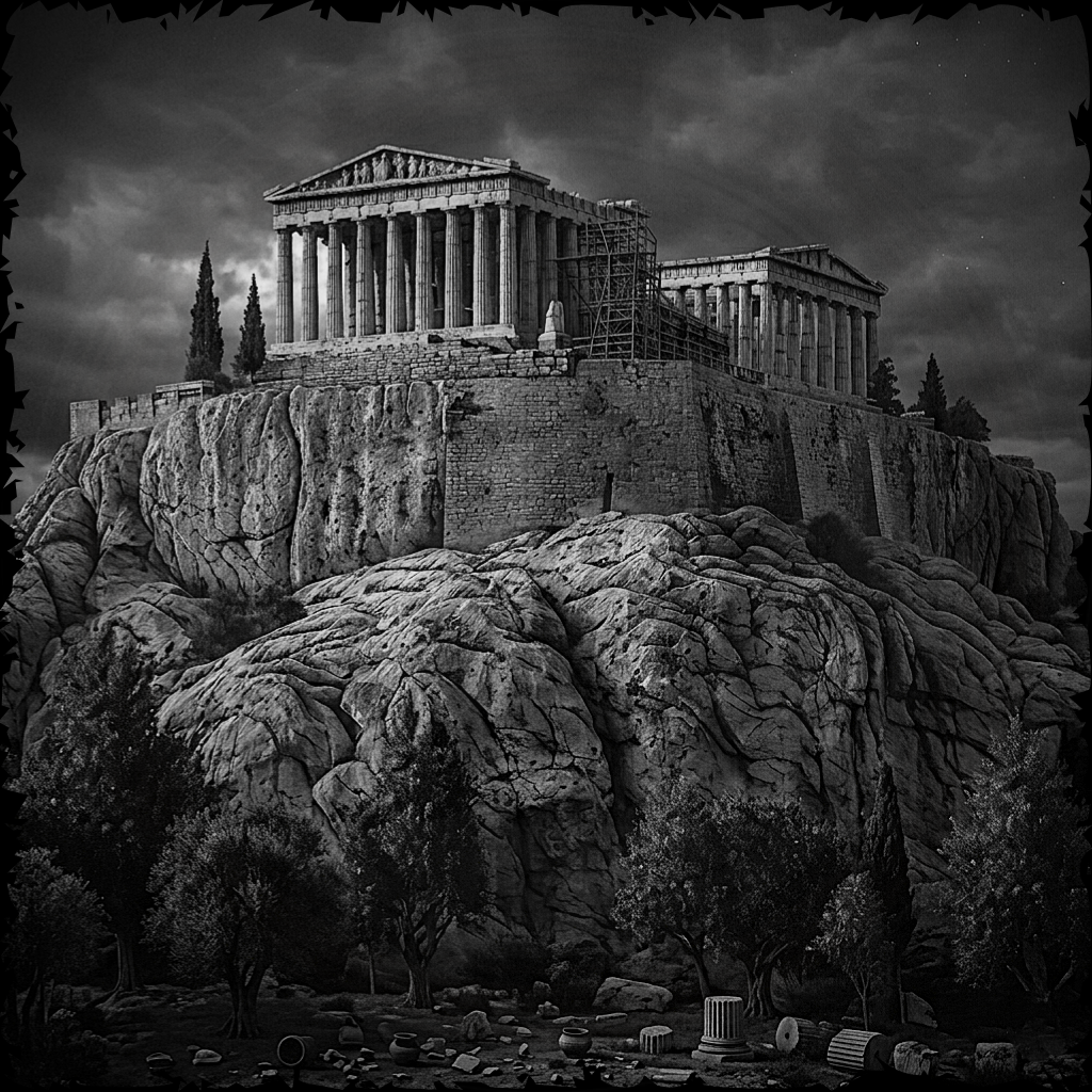 Black and white image of an ancient temple on a rocky outcrop with a dramatic sky.
