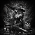 Black and white illustration of a witch with a broom, pumpkin, and cauldron against a dark background.