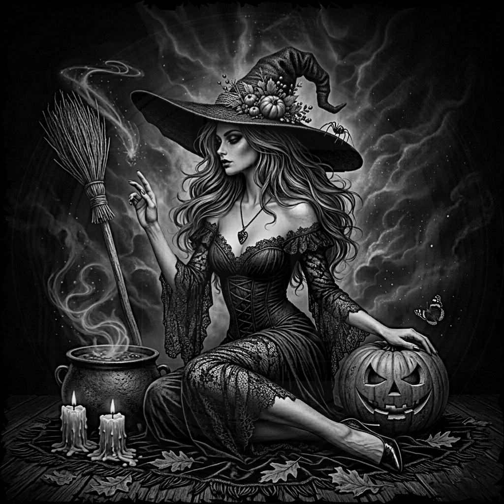 Black and white illustration of a witch with a broom, pumpkin, and cauldron against a dark background.