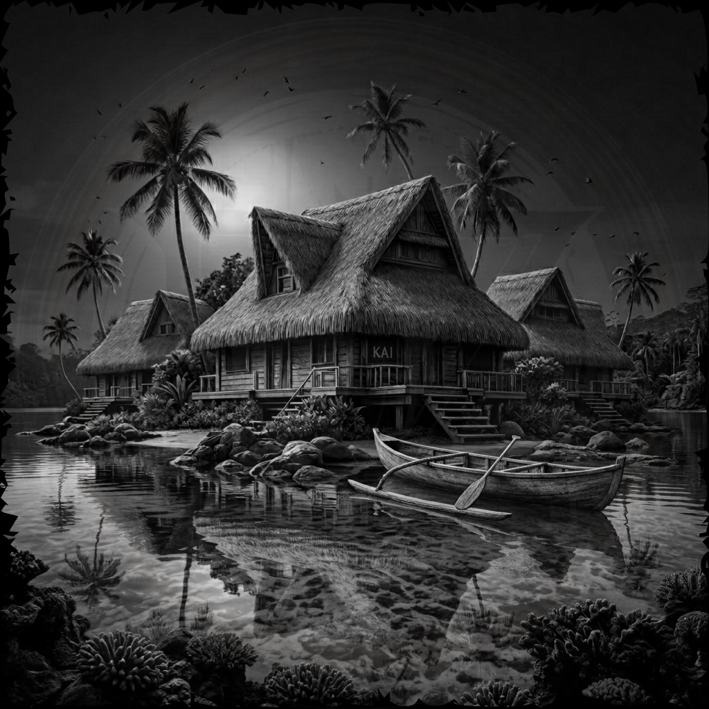 Black and white image of a tropical hut with palm trees and boats on a lake.