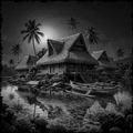 Black and white image of a tropical hut with palm trees and boats on a lake.