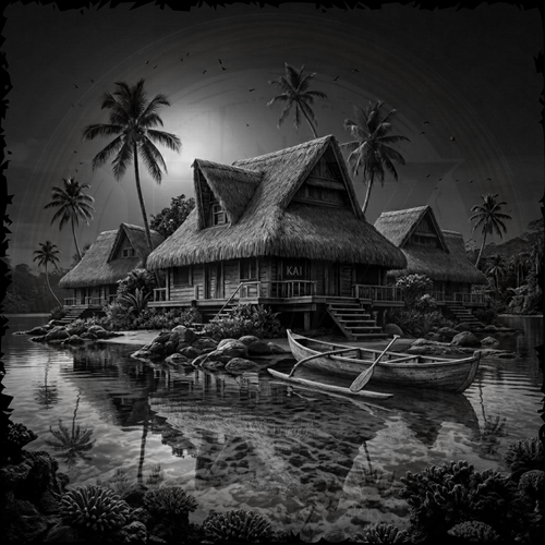 Black and white image of a tropical hut with palm trees and boats on a lake.
