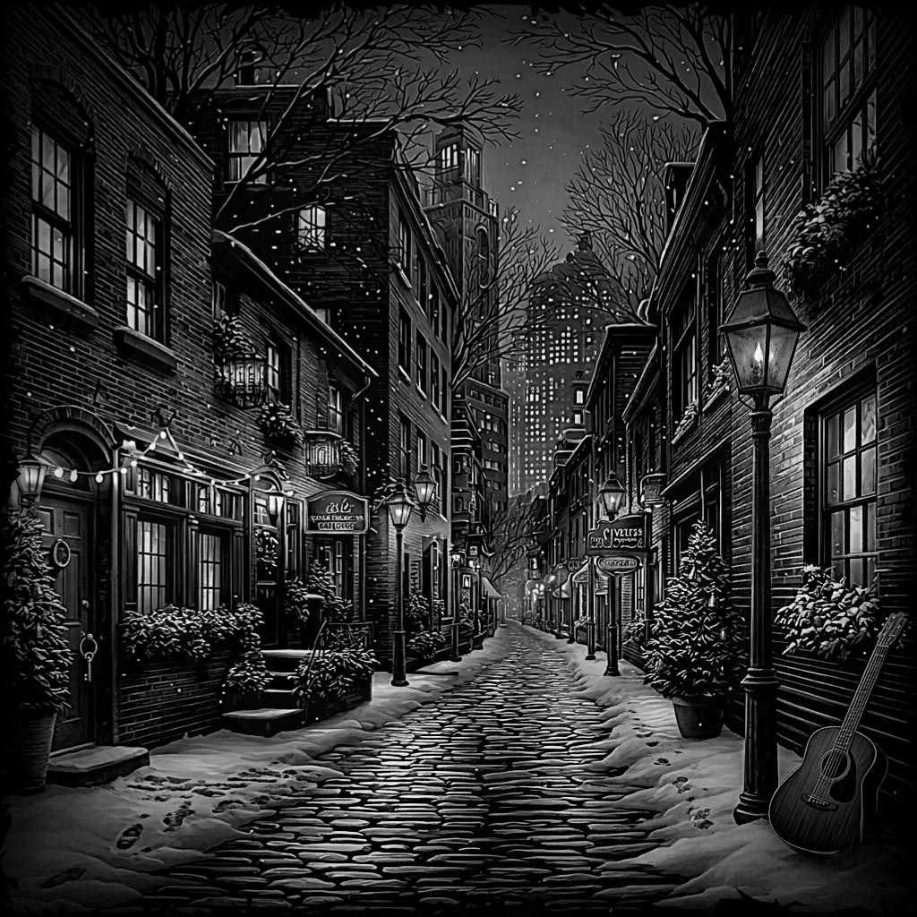 Cobbled street at night with snow, lit by street lamps and building lights.