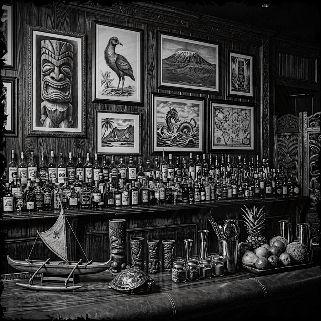 Bar with various bottles, decorative items, and framed artwork on a wooden wall.