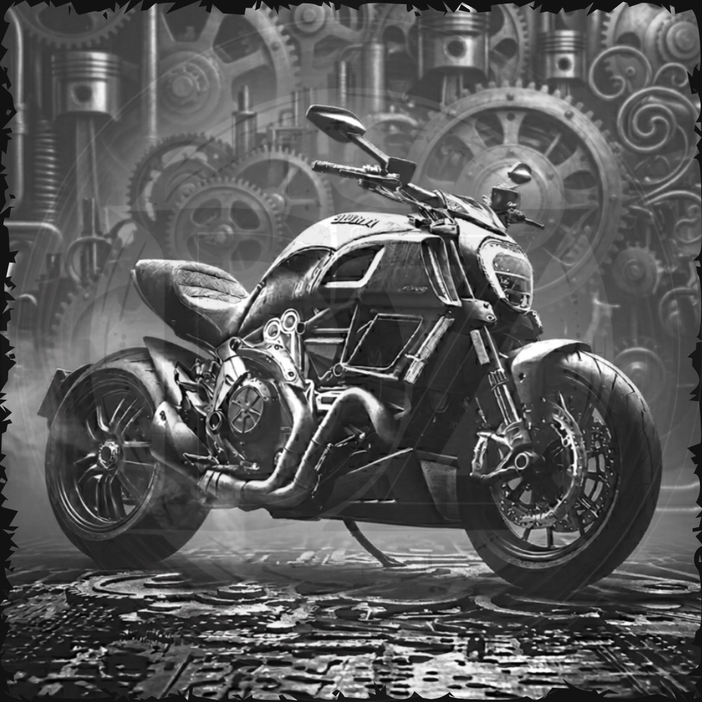 Motorcycle in a steampunk-style setting with gears and mechanical elements.