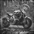 Motorcycle in a steampunk-style setting with gears and mechanical elements.