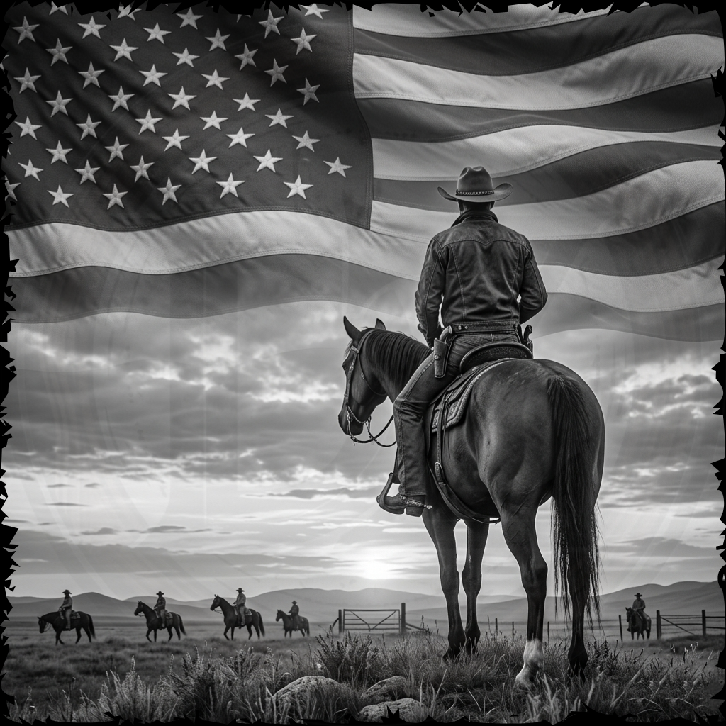 Cowboy on horseback with American flag in the background