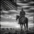 Cowboy on horseback with American flag in the background