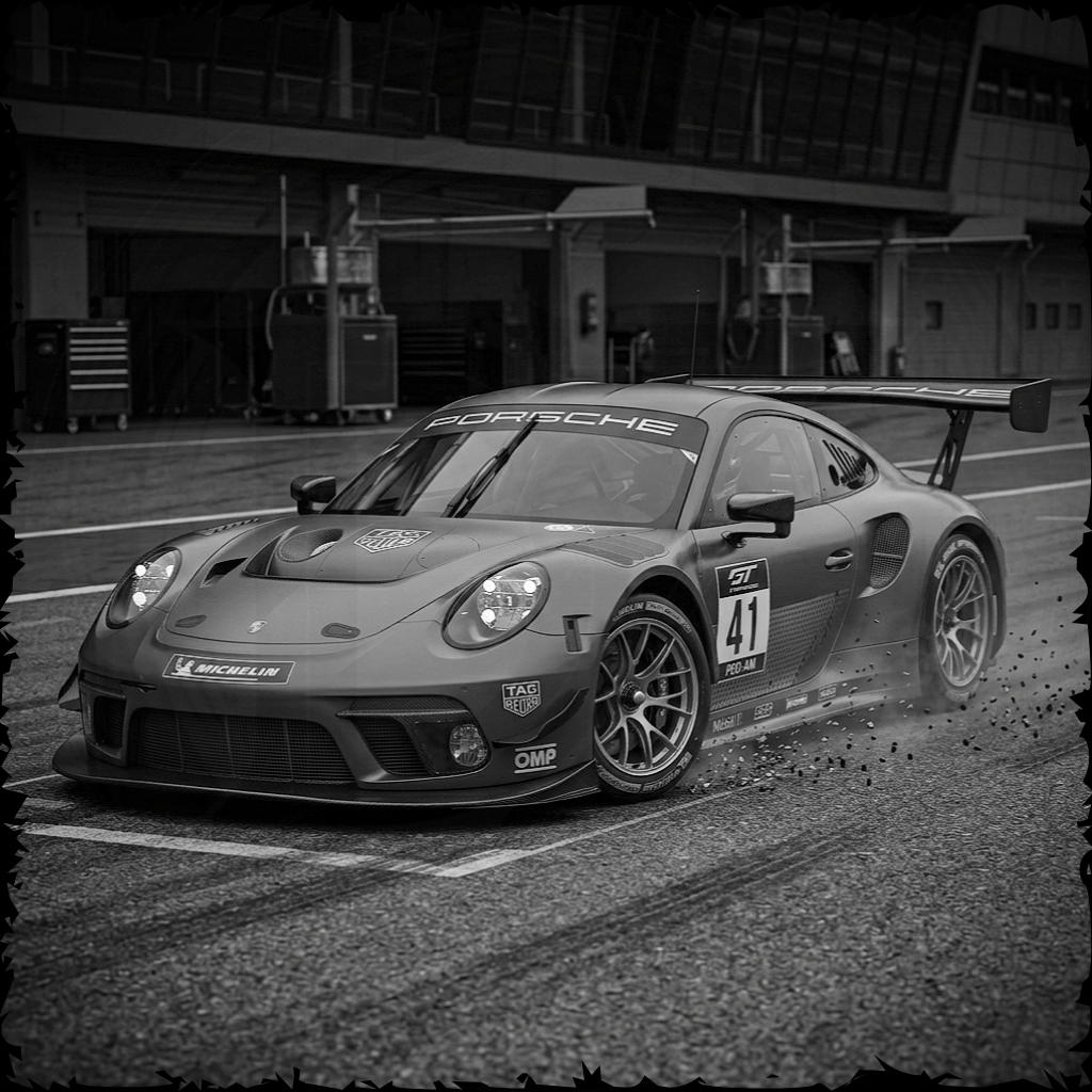 Porsche race car on a track with a blurred background