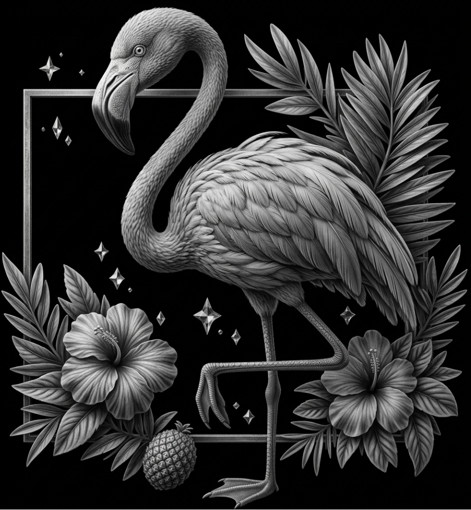 Black and white illustration of a flamingo with tropical plants and flowers on a black background