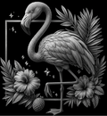 Black and white illustration of a flamingo with tropical plants and flowers on a black background