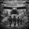 Soldiers walking towards a military aircraft in a war-torn cityscape