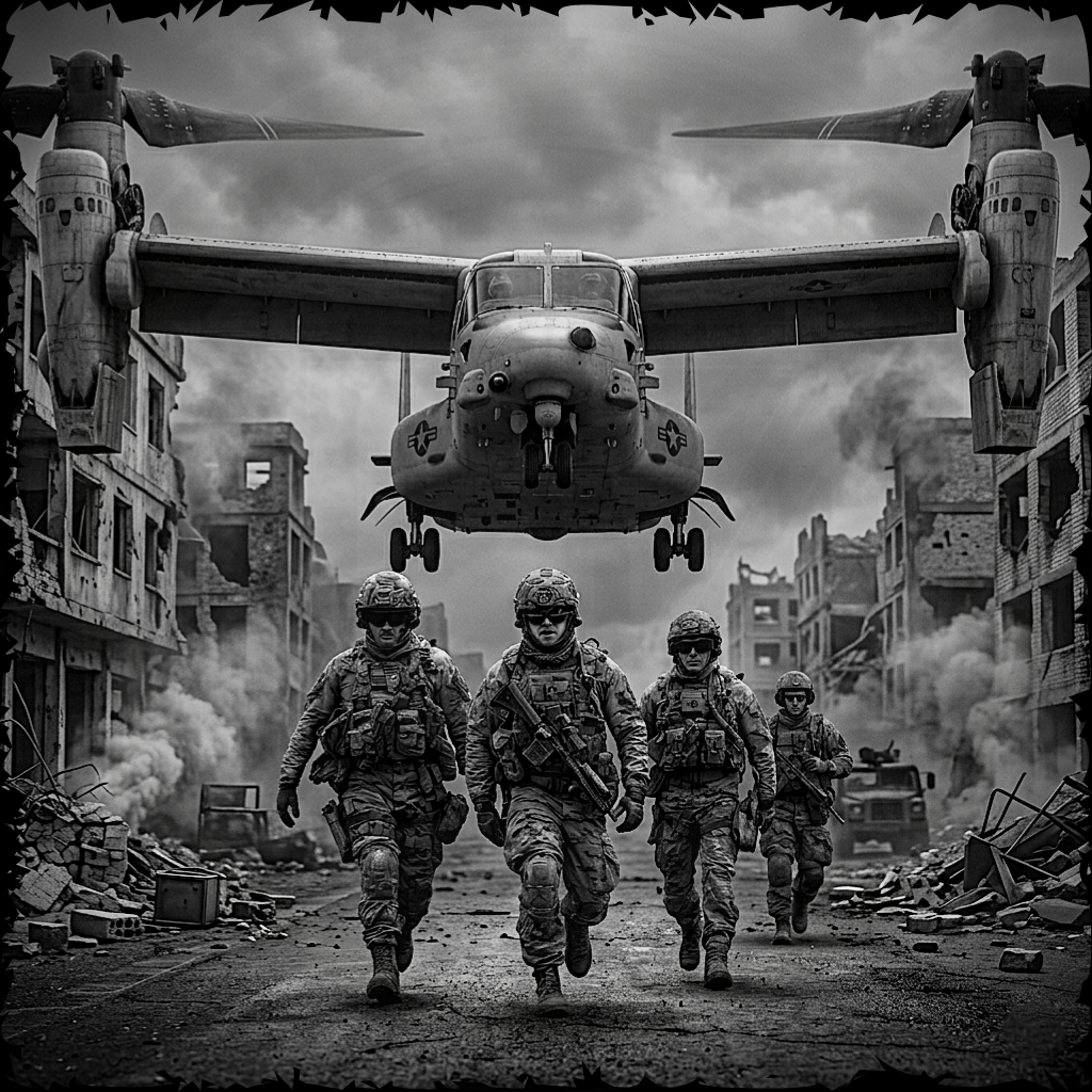 Soldiers walking towards a military aircraft in a war-torn cityscape