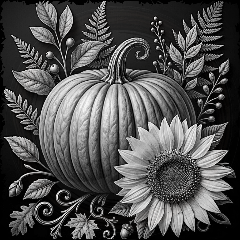 Black and white illustration of a pumpkin and sunflower with leaves on a dark background