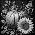 Black and white illustration of a pumpkin and sunflower with leaves on a dark background