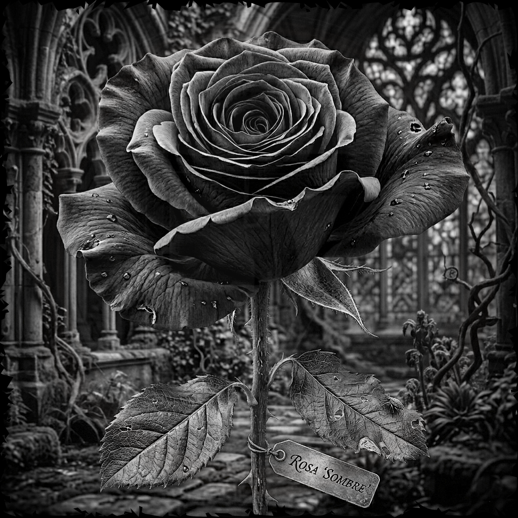 Black and white rose with 'Rosa Somnus' tag in a gothic setting