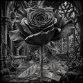 Black and white rose with 'Rosa Somnus' tag in a gothic setting