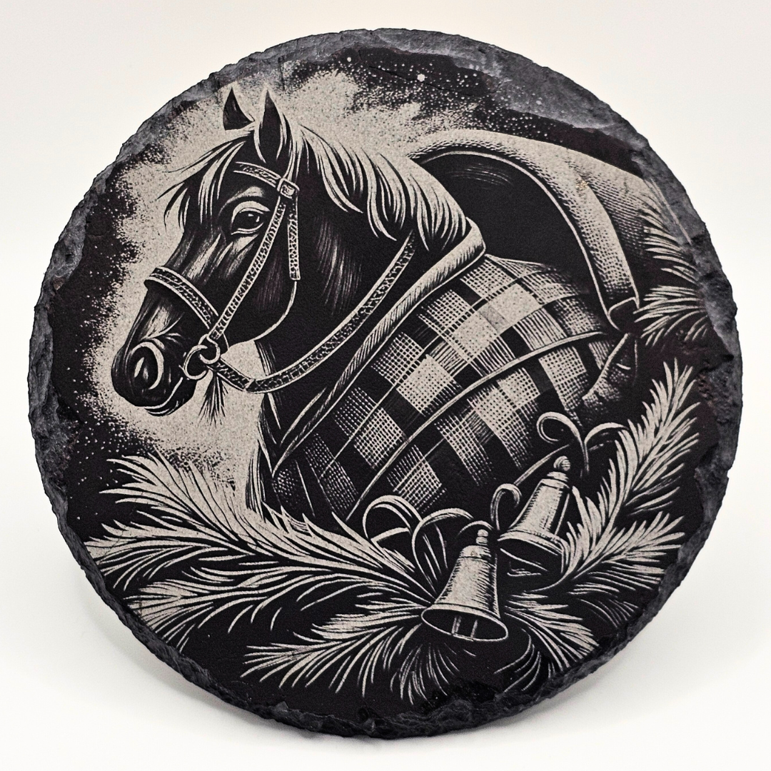 Decorative stone with a horse and barrel design on a white background