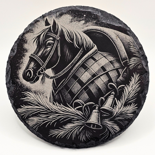 Decorative stone with a horse and barrel design on a white background