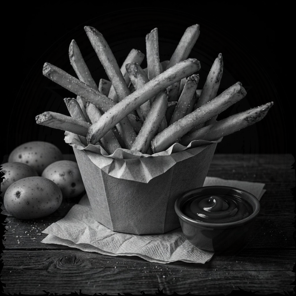 Black and white photo of a paper container filled with French fries on a wooden surface.