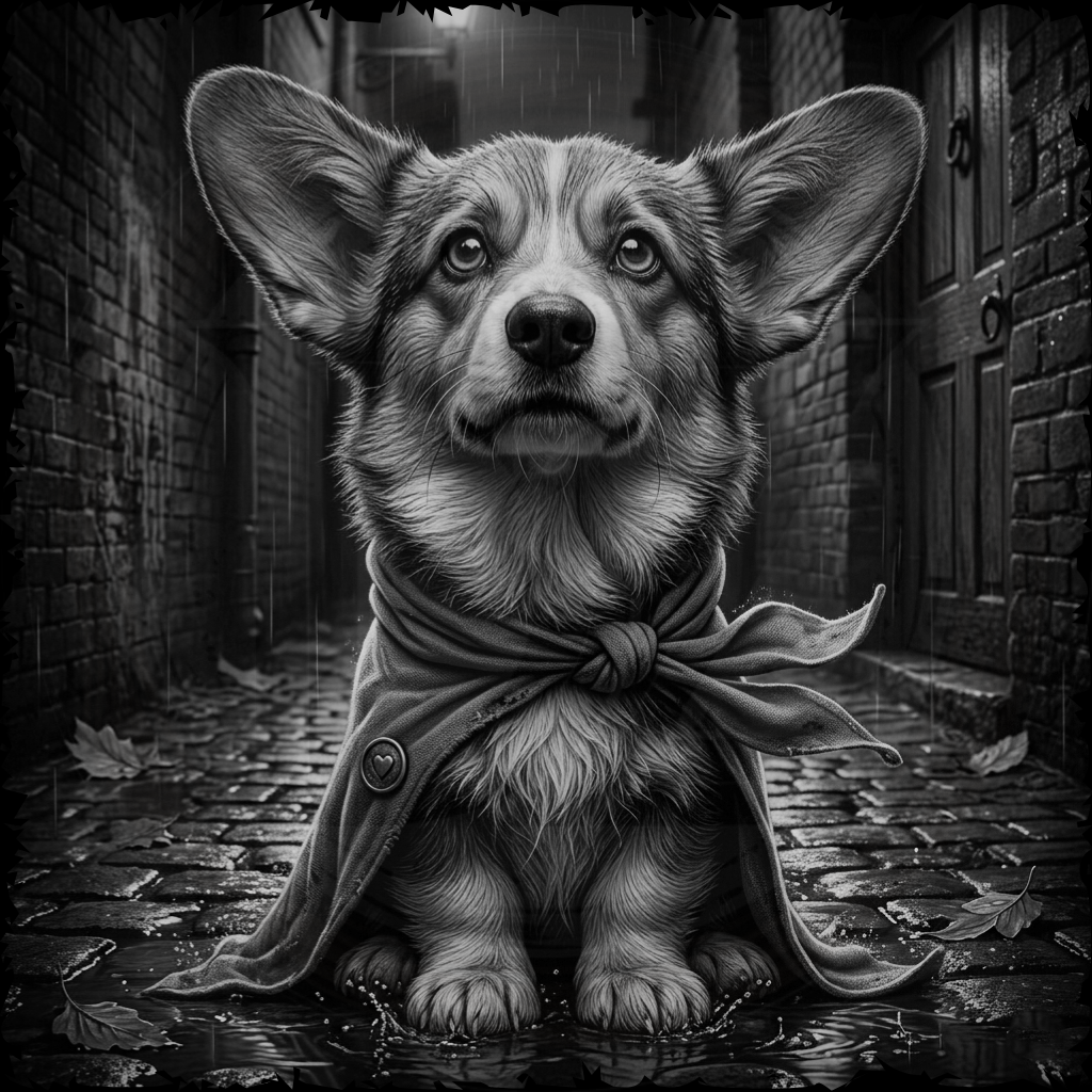 Dog wearing a coat in a dark alleyway