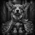 Dog wearing a coat in a dark alleyway