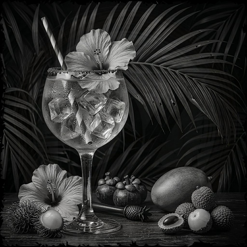 Glass with ice and a flower, surrounded by tropical fruits and leaves.