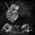 Glass with ice and a flower, surrounded by tropical fruits and leaves.