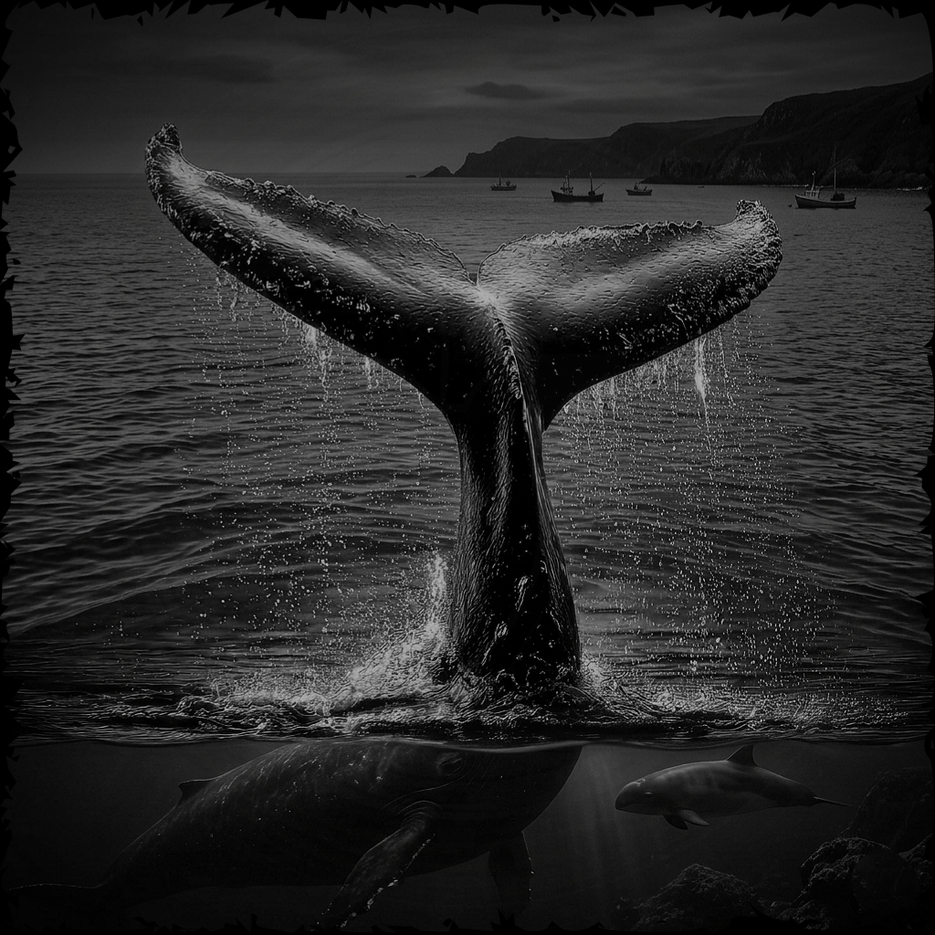 Whale tail emerging from water with boats in the distance