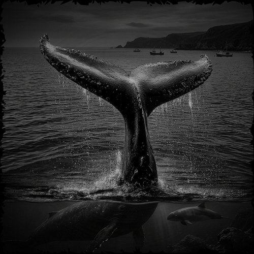Whale tail emerging from water with boats in the distance