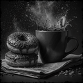 Black and white still life with donuts and a splashing mug on a newspaper.