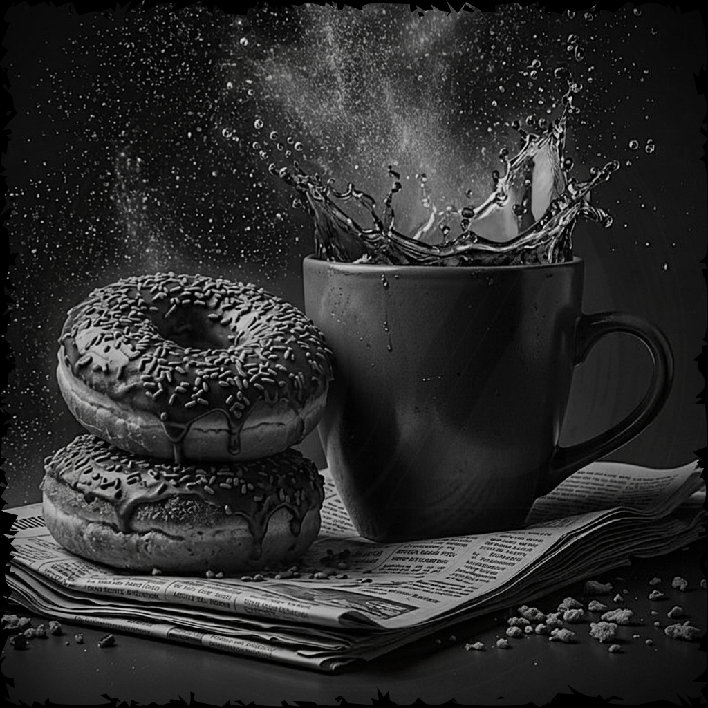 Black and white still life with donuts and a splashing mug on a newspaper.