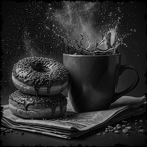 Black and white still life with donuts and a splashing mug on a newspaper.