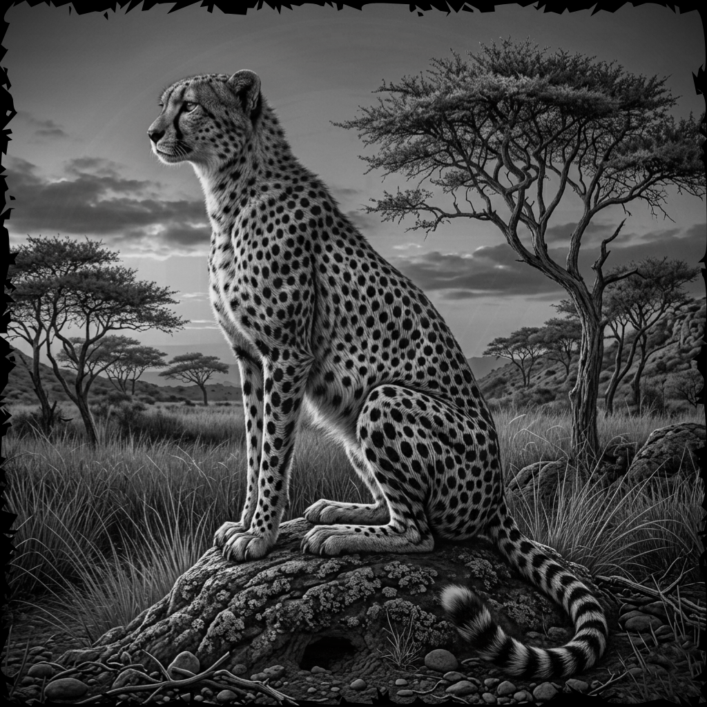 Cheetah sitting on a rock in a savanna landscape
