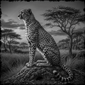 Cheetah sitting on a rock in a savanna landscape