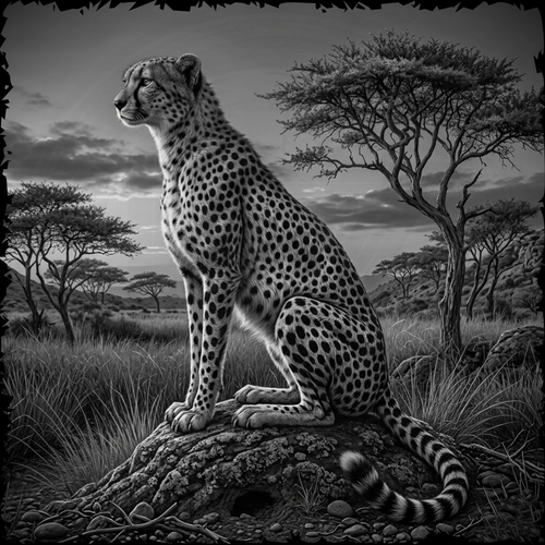 Cheetah sitting on a rock in a savanna landscape