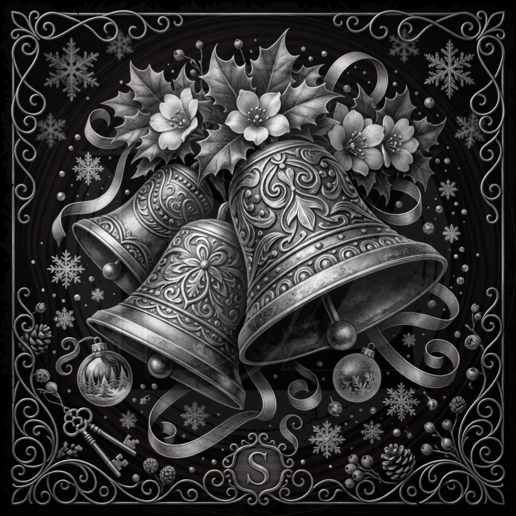 Decorative illustration of ornate bells with floral elements on a dark background