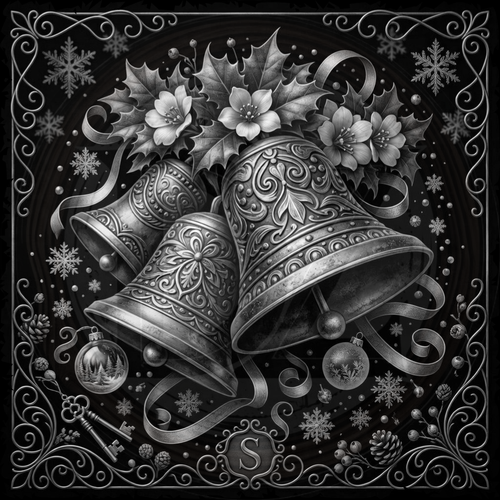 Decorative illustration of ornate bells with floral elements on a dark background