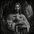 Black and white illustration of a robed figure holding a lamb in a rocky cave setting