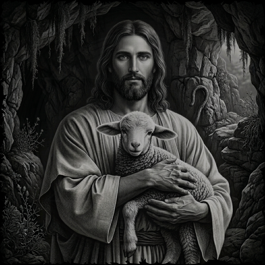 Black and white illustration of a robed figure holding a lamb in a rocky cave setting