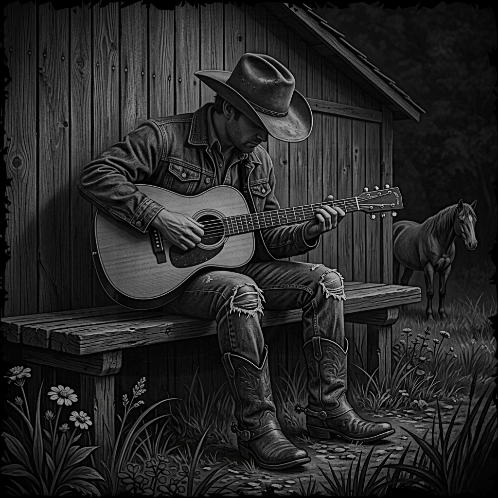 Man in cowboy hat playing guitar on a bench with a horse in the background