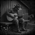 Man in cowboy hat playing guitar on a bench with a horse in the background