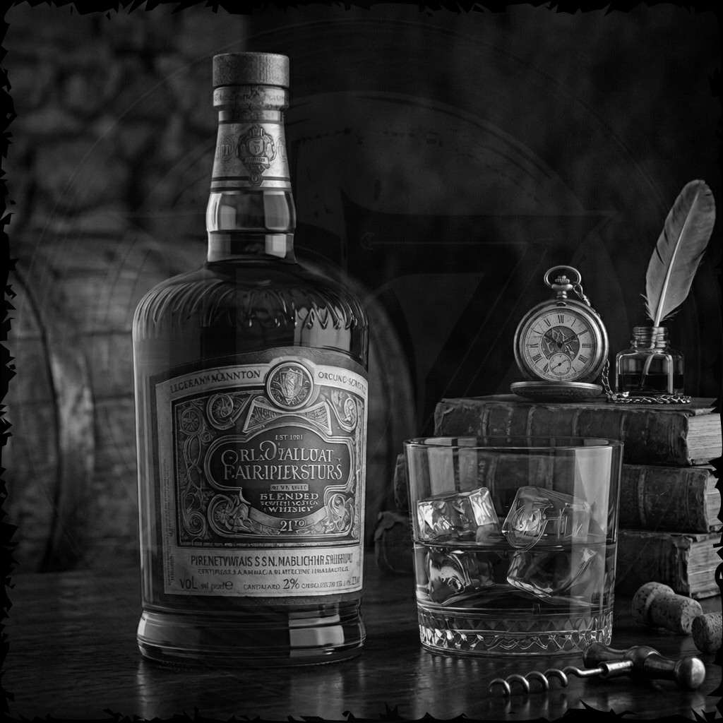 Bottle of Old Ballarat Fairpensions whiskey with a glass on a wooden surface.